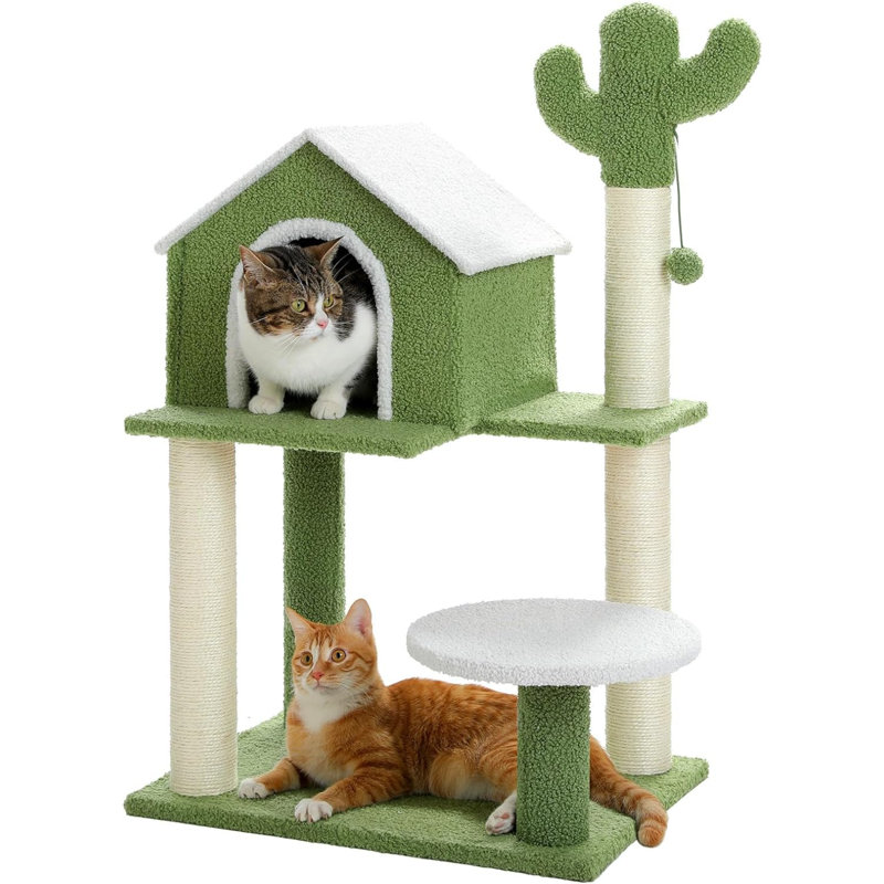 Cat Tree 35 Inches Cactus Scratching Post With Cozy Cat Condo 3 Levels White